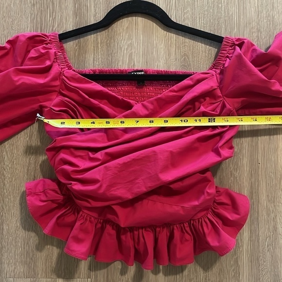 Express Women’s Peplum Top Small Hot Pink Cross Front Smock Back Balloon Sleeve - Picture 11 of 14